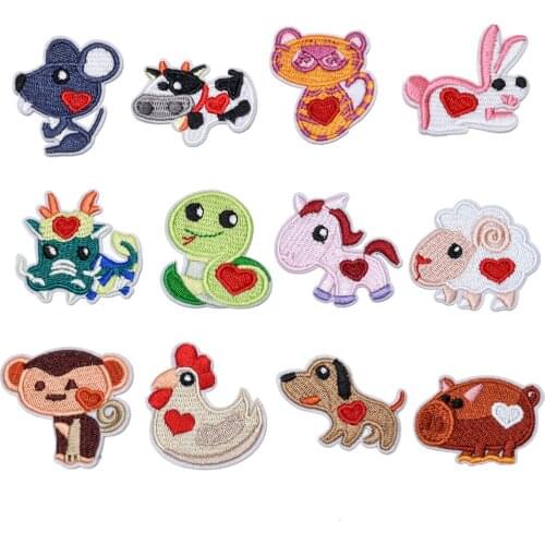 Chinese Zodiac Signs Iron on Patches Cartoon 12 Animals Badges Cute Patch Thermo Stickers Kids Clothing Decorations Embroidery