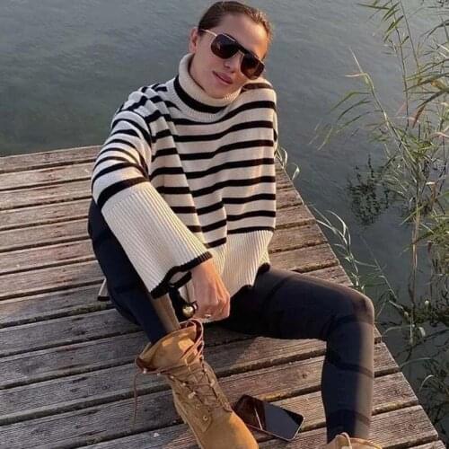 Klkxmyt Za Turtleneck Sweater Woman 2021 Autumn Winter Striped Knitted Sweater Jumper Female Oversize Pullovers Chic Tops