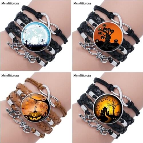 Mendittorosa Halloween Pumpkin Glass Cabochon Multilayer Black/Brown Leather Bracelet Bangle Vintage Women Jewelry