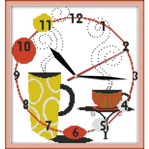 Coffee Language(1)(Yellow) cross stitch kit 14ct 11ct count print canvas wall clock stitching embroidery DIY handmade needlework