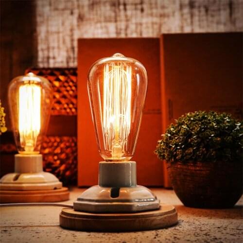 Vintage White Ceramics Wooden Base Table Lamps with On/off Switch E27 Base (No Bulb) Industrial Desk Light for Home Decor