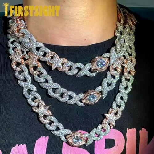 2021 New Two Tone 16mm Mens Miami Eye Lock Cuban Chain Necklace Iced Out Bling CZ Zircon Infinity Star Charm Hip Hop Jewelry