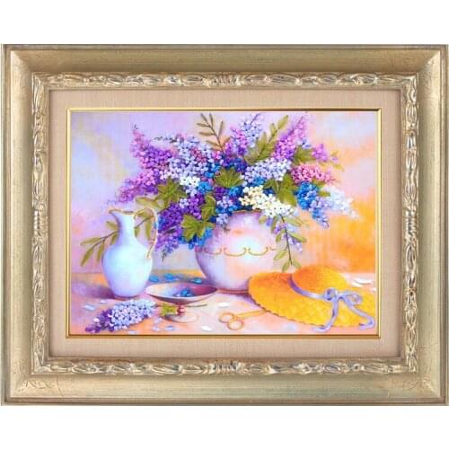 Needlework,DIY Big Ribbon Cross stitch Sets for Embroidery kit,Beautiful Lilac Viole flowers bouquet Cross-Stitch handwork decor