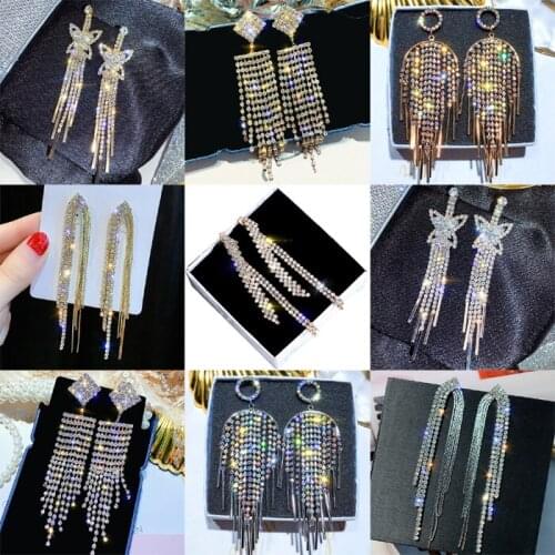 Fashion Gold Color Butterfly Long Rhinestone Tassel Drop Earrings for Women Geometric Korean Earring Fashion Jewelry 2020 New