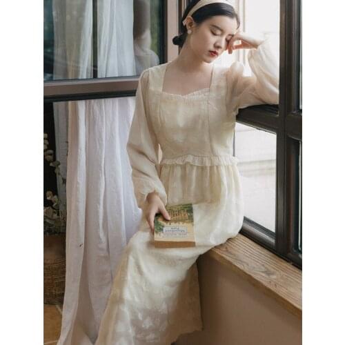 First Love Chiffon Jacquard Square Neck Dress Lady Elegant Puff Sleeve Vestido French Party Dress Fairy Ruffle Fashion Robes