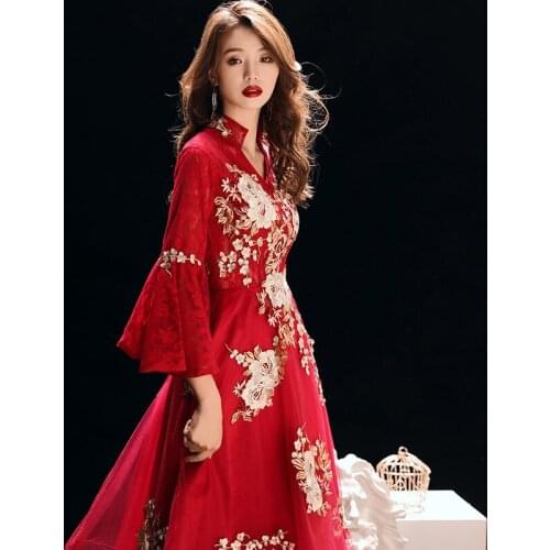 Embroidery Chinese Oriental Wedding Female Noble Cheongsam Vintage Evening Dress Elegant Modern Celebrity Banquet Dresses