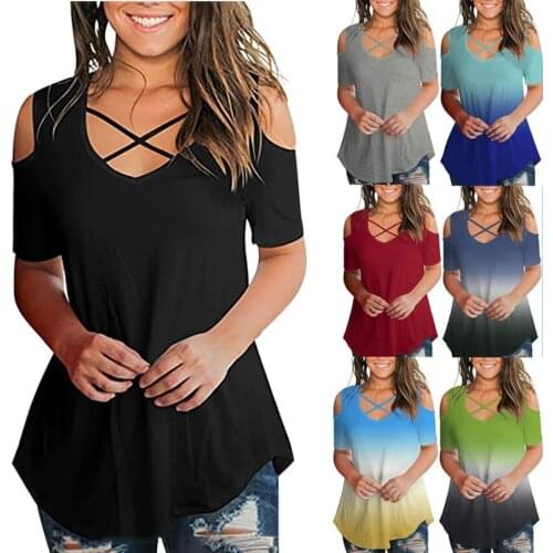 New 2021 Women Sexy Off Shoulder Short Sleeve Lace-Up V-neck Loose T-shirts Ladies Fashion Gradient Color T Shirts Tops Tees