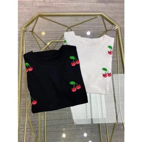 T-Shirt 2021 Fashion Women Runway Cherry Embroidery Casual Short Sleeve Tee Shirts Spring Clothes Cotton White / Black Tops Ropa