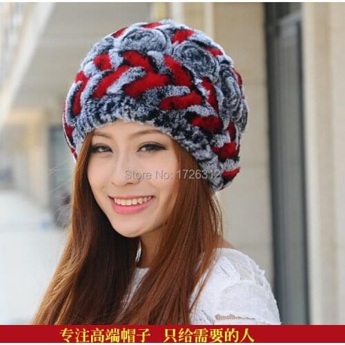 Rex rabbit hair ear protector cap yarn liner flower hats womens rex rabbit hair fur knitted hat winter