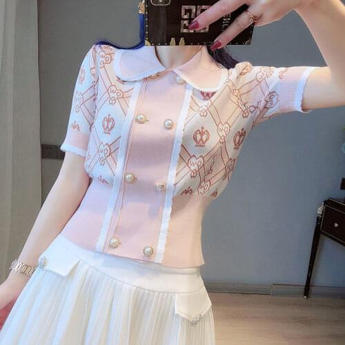 2021 Spring And Summer Womens Temperament Doll Collar Short Sleeve Double Breasted Crown Love Jacquard Slim Knit Top