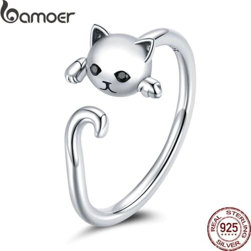 Bamoer Cute Cat Simple S925 Sterling Silver Finger Rings for Women Adjustable Ring Fashion Jewelry Size 6-8 SCR707