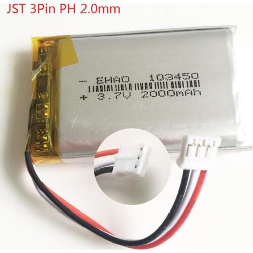 103450 with JST PH 2.0mm 3pin plug 3.7V 2000mAh lipo polymer lithium rechargeable battery for GPS navigator DVD e-book camera