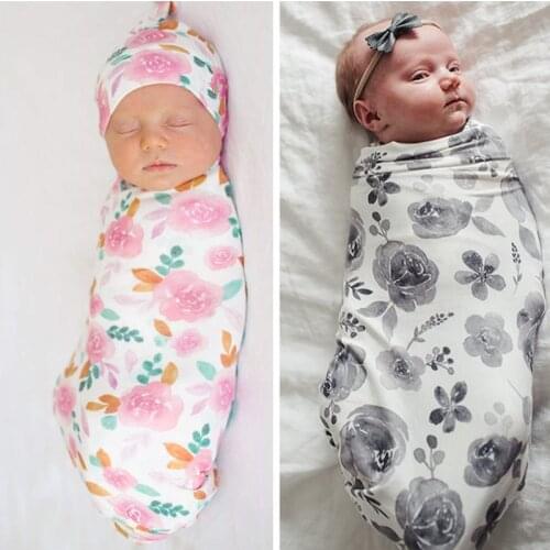 2 pieces/set of summer newborn fashion baby swaddle blanket printing newborn baby boy girl sleep swaddle + hat
