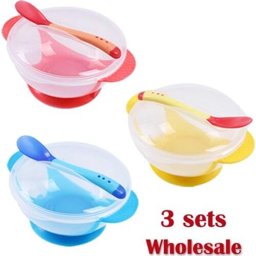 3set/wholesale Temperature Sensing Feeding Spoon Child Tableware Food Bowl Learning Dishes Plate Suction Cup Baby Dinnerware Set