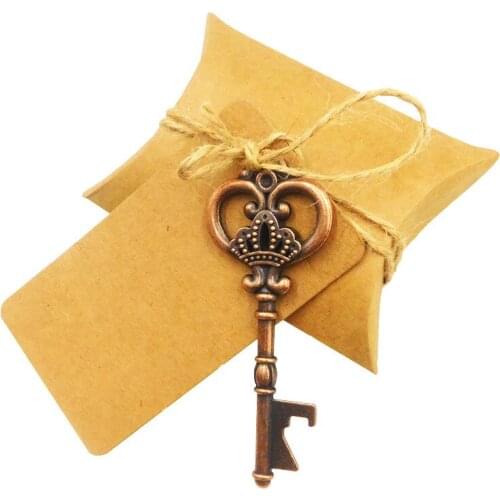 50pcs Wedding Favors Candy Box w/ Antique Skeleton Key Bottle Openers Escort Card Thank You Tag Pillow Box