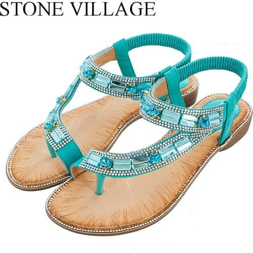 STONE VILLAGE Ladies Shoes Cross-Border Bohemian Women Shoes Sandals Women 2020 Summer Blue Grid Striped Flat Shoes