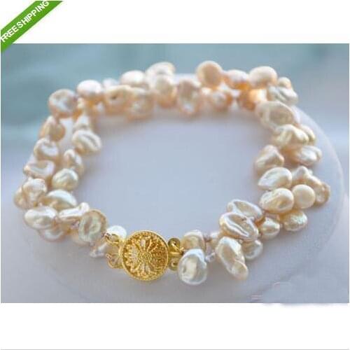 Baroque Pearl Bracelet Handmade 2 Rows 6x10mm Champagne Keshi Reborn Real Pearl Bracelet Charming Woman Gift Jewelry