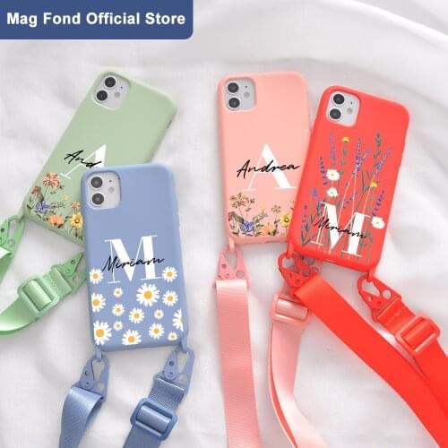 Custom Name Flowers Crossbody Phone Cases For iPhone 12 11 Pro 7 8 Plus X XR XS Max SE With Rope Portable Liquid Silicone Cover
