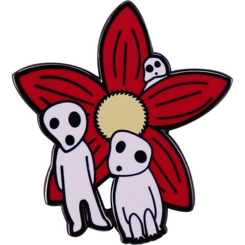 Animation Movie Princess Mononoke Hime Tree Elf Kodama Red Flower Cute Cartoon Metal Enamel Coat Lapel Badge Brooch Pin