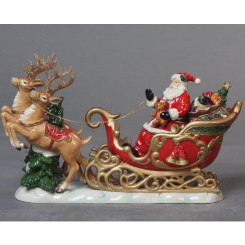 Ceramic Conjoined Double Deer Snowmobile Pulling Santa Ornaments Crafts Home Decorations Christmas Gifts