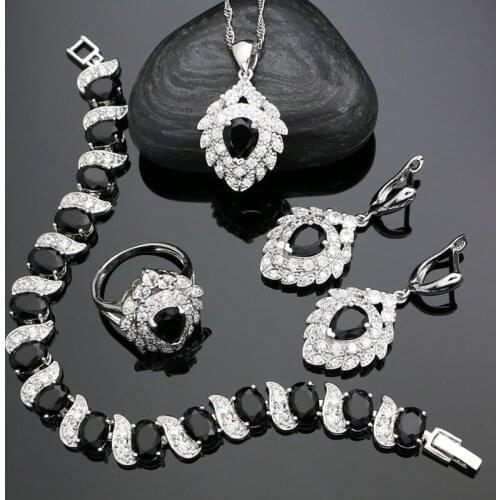 925 Silver Jewelry Sets Black Stones Strawberry Shape Earrings Pendant Necklace Ring Bracelet Party Silver Accessories For Women