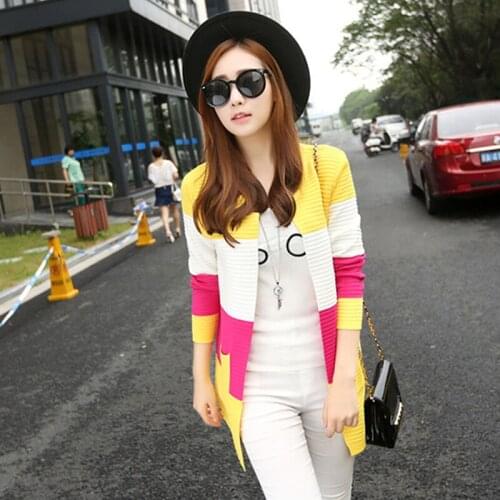 Korean Stripe Sweater Cardigan Long Pink Thin Coat Spring Autumn Long Sleeved Sweater Plus Size Overcoat Office Lady