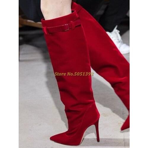 Red Velvet Belt Decor Knee High Runway Women Boots Sexy Pointed Toe Thin High Heel Boots Custom Made Manufacturer Dress Boots