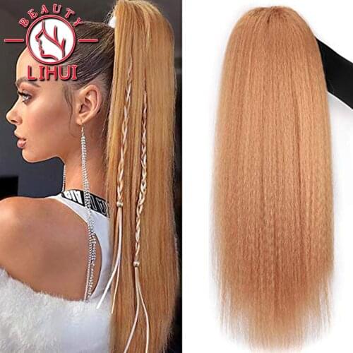 Lihui Synthetic Hair Golden Ponytail Extension Ponytail Black Yaki Straight Hairpiece Ponytail Fake 24Inch Clip Hair