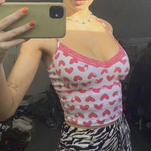 Sweet Sexy Women Girls Love Heart Print Camis Top Lace Ruffles Cute Strap Bustier Lingerie Bralette Camisole Summer Crop Top Y2K