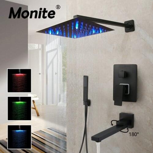 Monite 8 12 16 Inch Matte Black Shower Faucet Rainfall Tub LED Bathtub Rain Square Shower Head & Swivel Spout Shower Faucet Set