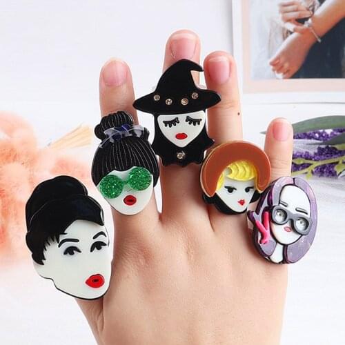 2021 New Korean Lovely Girls Figure Resin Rings For Women Cartoon Cute Geometric Adjustable Acrylic Rings Finger Trendy Jewelry