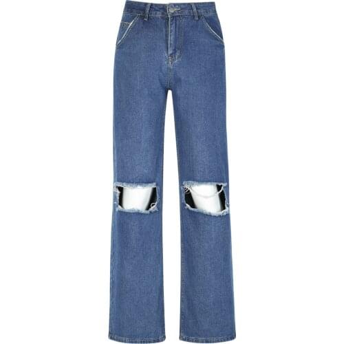 2021 New Trendy High-waisted Buttocks Womens Clothing Loose-holes and Wide-legged Personality Fashionable Womens Jeans