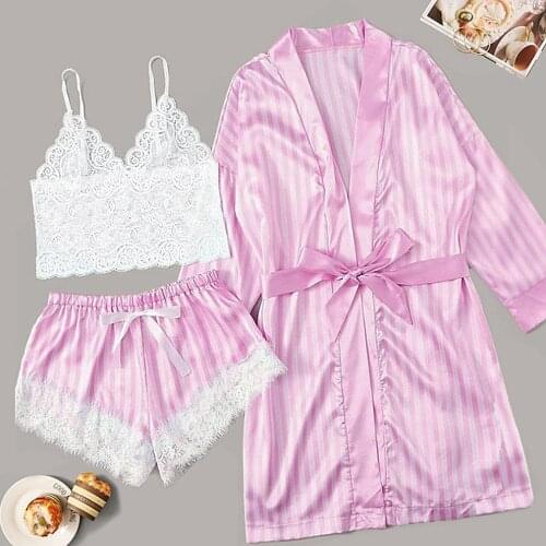 New 3 Pieces Women Pajamas Sets Faux Silk Pajamas Sleepwear Sets Sexy Lace Fashion Casual Home Clothes Nightwear