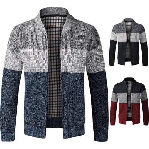 Autumn Winter Cardigan Sweater Mens Long-Sleeved Stand-Collar Fleece Sweatercoat Fashion Thick Patchwork Warm Knitted Jacket