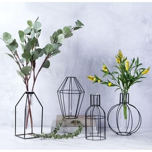 Wrought Iron Transparent Glass Vase Living Room Flower Arrangement Floor Glass Bottle Home Decoration