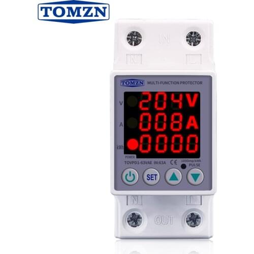 63A 230V 3IN1 Display Din rail adjustable over and under voltage protective device protector relay with over current protection