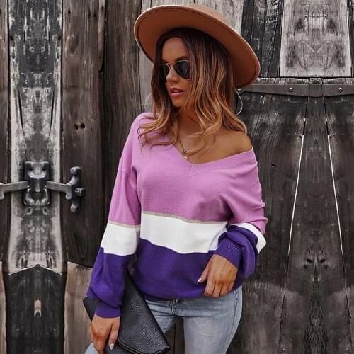 Romantic Stitching Sweater Autumn Winter 2021 Womens New High Stretch V Neck Long Sleeve Comfortable Warm Top