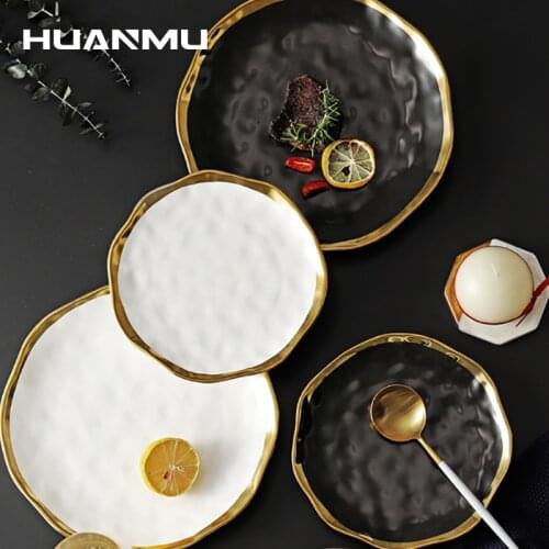 Nordic Golden Trim Steak Plate Dishes Ceramic Party Home Decoration Pastries Western Fruit Salad Dessert Christmas Tableware