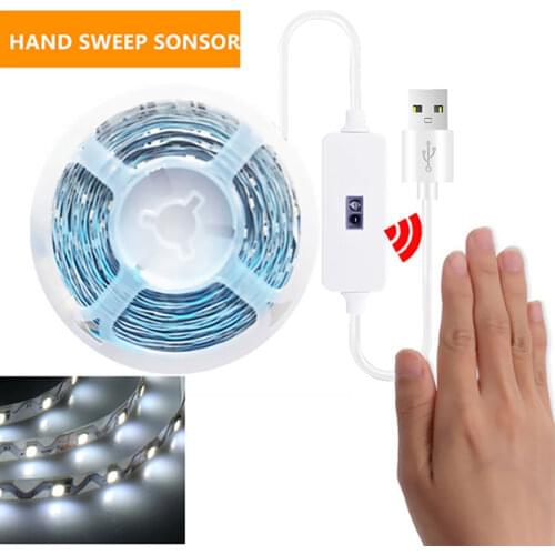 DC 5V Hand Sweep Sensor LED Strips Flexible Tape USB Cable Powered Ribbon Diode Tape LED Lights 5M for Kitchen Cabinet Lamp