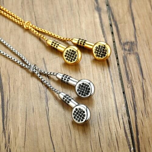 ZORCVENS Unique Mens Headset Necklaces Gold and silver color Tone Stainless Steel Love Music Pendant Gifts