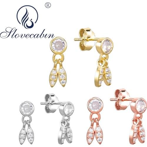 Slovecabin Authentic 925 Sterling Silver Simple Leaves Crystal Stud Earrings Femme Wedding Korean Fine Jewelry Making Women Gift