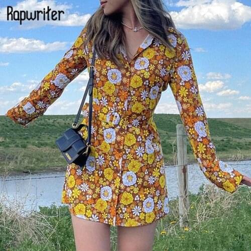 Floral Printed Green Y2k Dress Women With Belt Summer Long Sleeve Mini Shirt Sundress 2021Fashion Single-Breasted Party Dresses