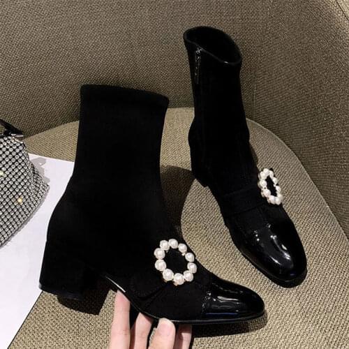 Akexiya Womens Ankle Boots Pearl Shoes Woman Female Zipper Mid Heel Flower Pu Pointed Toe Comfort Ladies Shoe Elegant Women 41