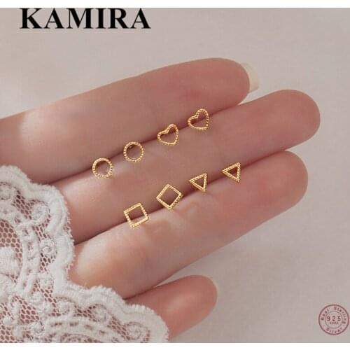 KAMIRA 925 Sterling Silver Vintage Simple Geometric Love Square Round Stud Earrings for Women Teen Office Elegant Lovely Jewelry
