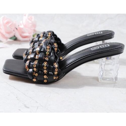 6CM High Heel Women Shoes 2021 Summer Large Size Thick Sequined Slippers Sexy Outside Wearing One Word Comfortable Feet Sandals