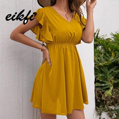 EIKFI Back Lace Trim Bandage Solid Women Dress 2021 Summer Office Ladies V Neck Butterfly Sleeve High Waist Backless Short Dress