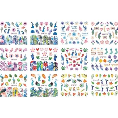 12 Sheets/Lot BN1201-1212 Flower Peacock Feather Leaf Nail Polish Sticker Decal Water Tattoo Decoration Foils Wraps Accessories