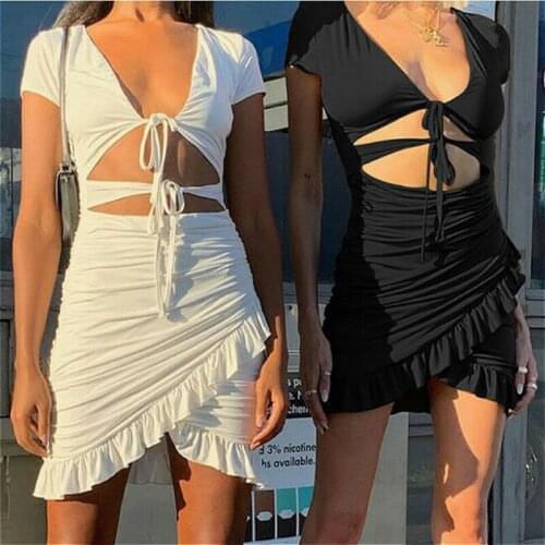 2021 Summer Dress Women Short Sleeve V Neck Hollow Out Ruffle Mini Dresses Beach Club Casual Sexy Dresses Female
