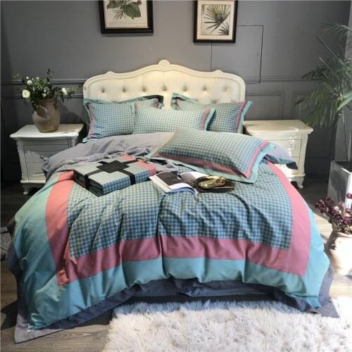Luxury Sanding 100% cotton Printed Flower Plaid Bedding sets Queen King Wedding Duvet cover Bed sheet set Pillowcases 4pcs blue