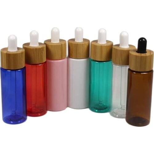 50ml 50pcs Wood Grain Bamboo Cover Dropper Bottle PET Plastic Transparent Cosmetic Essence Emulsion Container Packaging